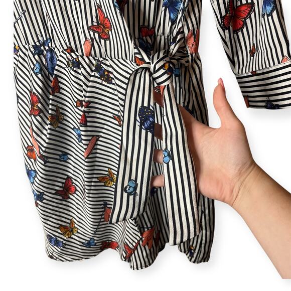 Zara Basic Butterfly Print White Black Striped Wrap Romper Vacation Cruise Sz S - Picture 6 of 12